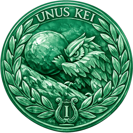 The Kei coin: an owl pushing a boulder uphill between two olive branches, with UNUS KEI above and a lyre marked with the Roman numeral one below.